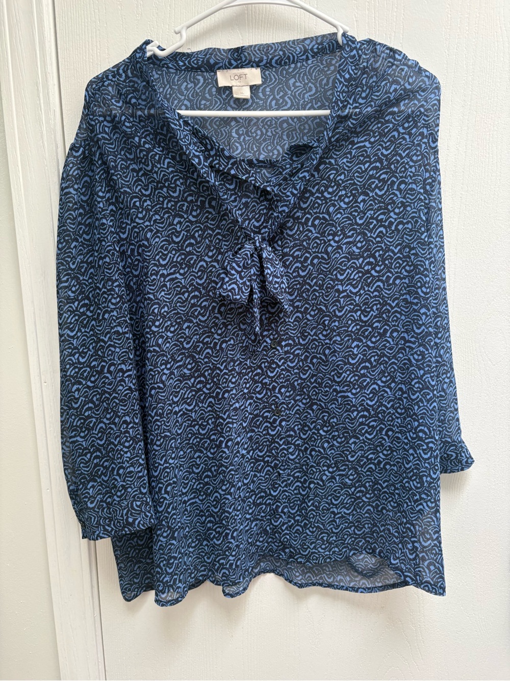 LOFT Navy and Light Blue Tie-Neck Patterned Blouse
